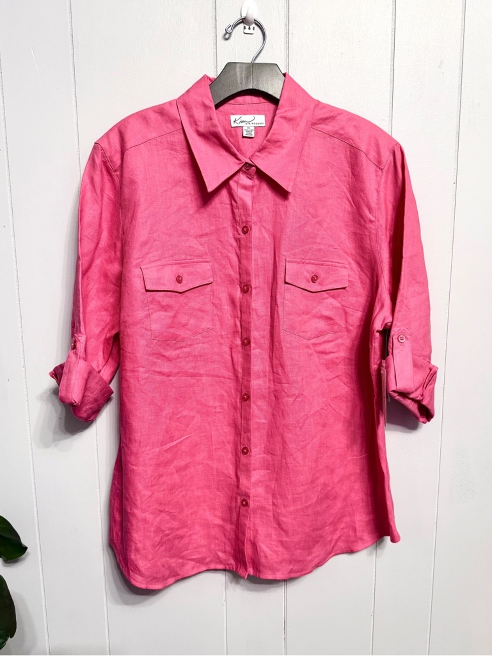 #16)  Kim Rogers Pink Linen Button-Down Shirt with Fold Up Sleeve